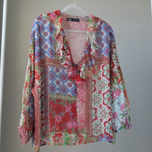 Zara Jacquard Printed Blouse - Size XL | Vibrant & Stylish - Picture 2 of 3